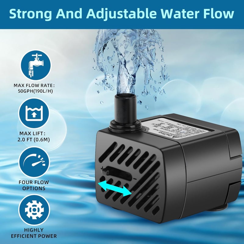 DATOO Mini Submersible Fountain Water Pump With LED Light 50GPH 3W Small Ultra Quiet Water Pump With Tubing For Aquarium Fish Tank Outdoor Pond Water Feature Fountain Statuary - Image 2